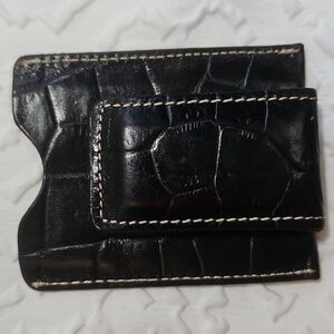 MENS BLACK LEATHER CARD CASE / CROC EMBOSSED WITH MONEY CLIP